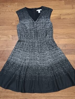 London Times Black and White Tweed-Effect Fit & Flare Midi Dress